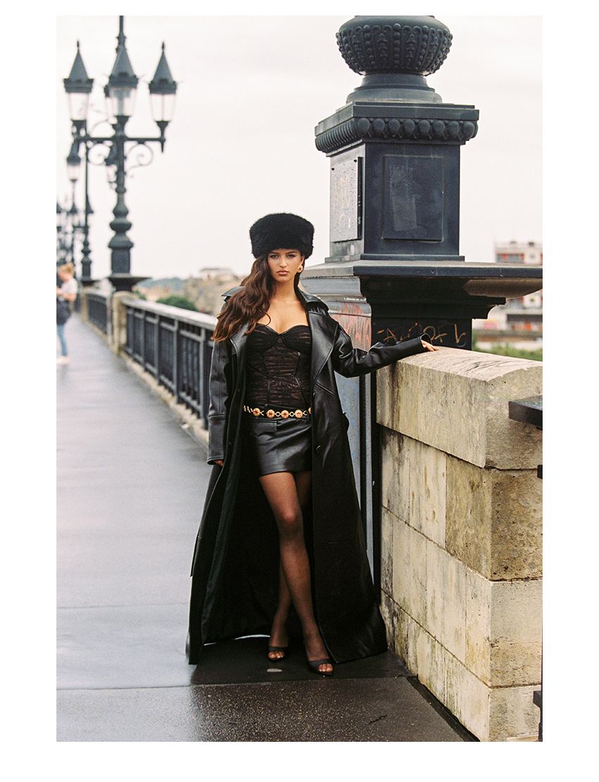 Lace mesh pleated leather dress